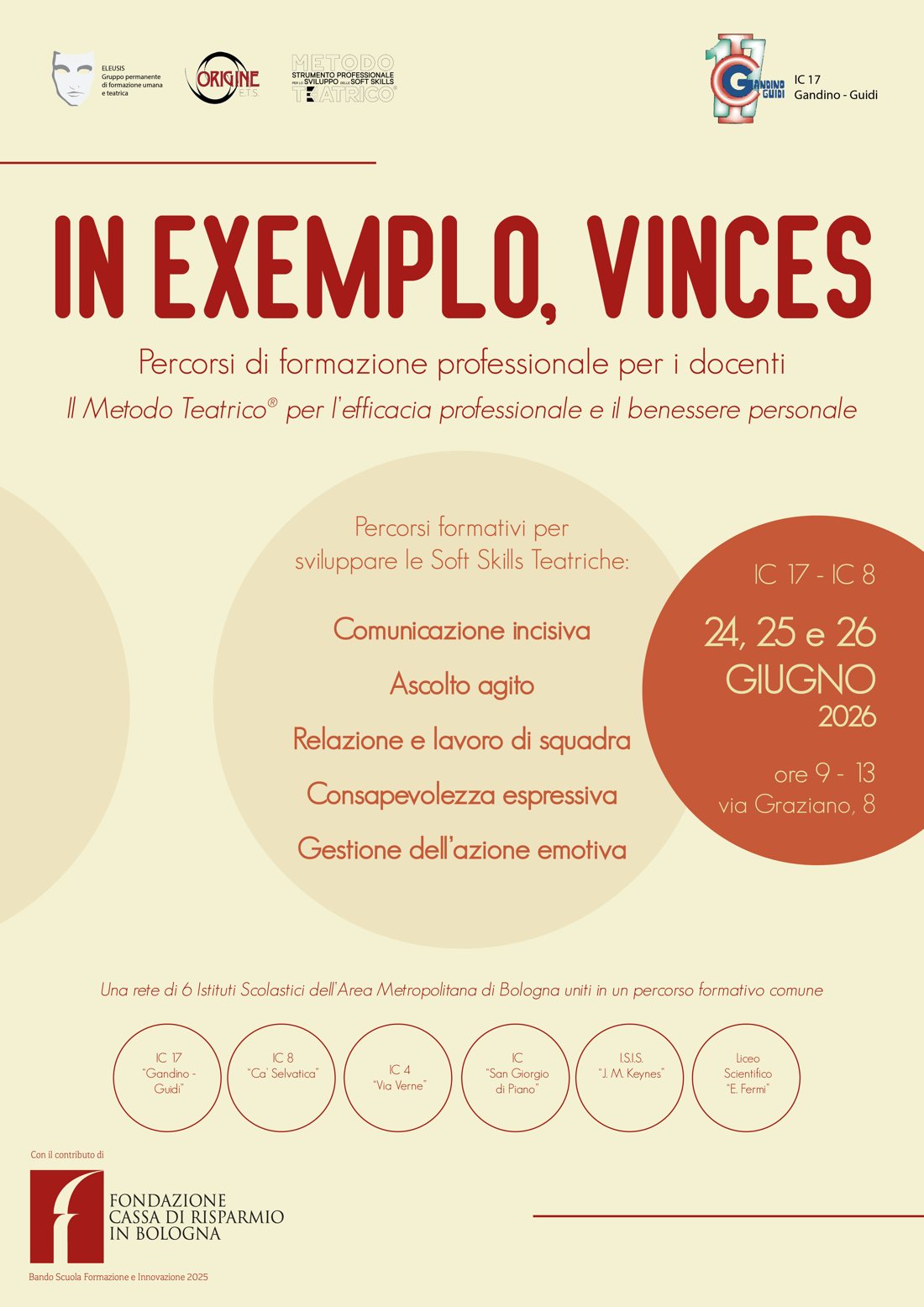 Locandina «In Exemplo, Vinces»: percorsi di formazione professionale per i docenti, Bologna, giugno 2026