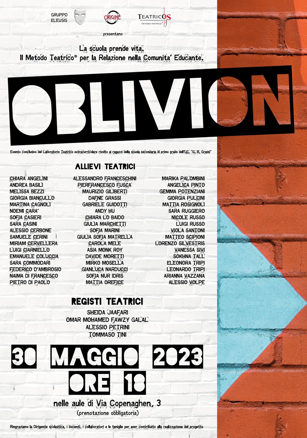 Locandina di «Oblivion»: evento conclusivo del laboratorio teatrico all'IC G. B. Grassi, 30 maggio 2023